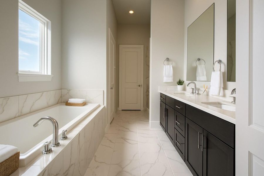 Light-filled primary bathroom.   Minimum virtual staging added.