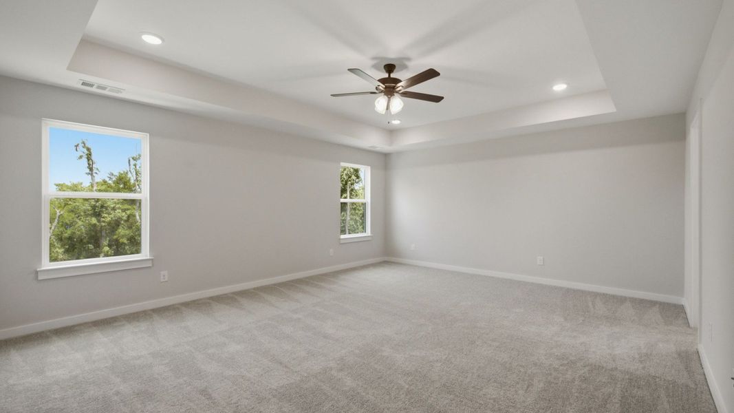 Primary suite with tray ceiling, ceiling fan, carpet, and windows