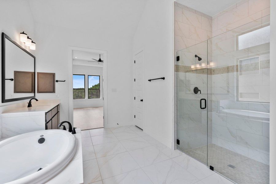 Primary Bath retreat with dual vanities, garden tub & walk-in shower