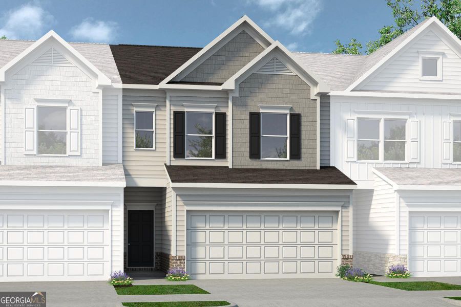 Front exterior of a new home in Crescent Towns, Riverdale, GA, highlighting curb appeal (Image 1).