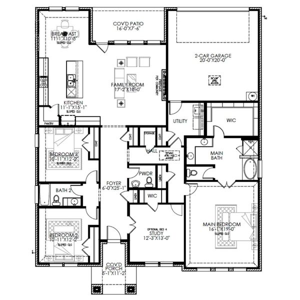 2D floor plan layout for the The Seguin by Lillian Custom Homes in Ten Mile Creek, DeSoto, TX (Image 5).