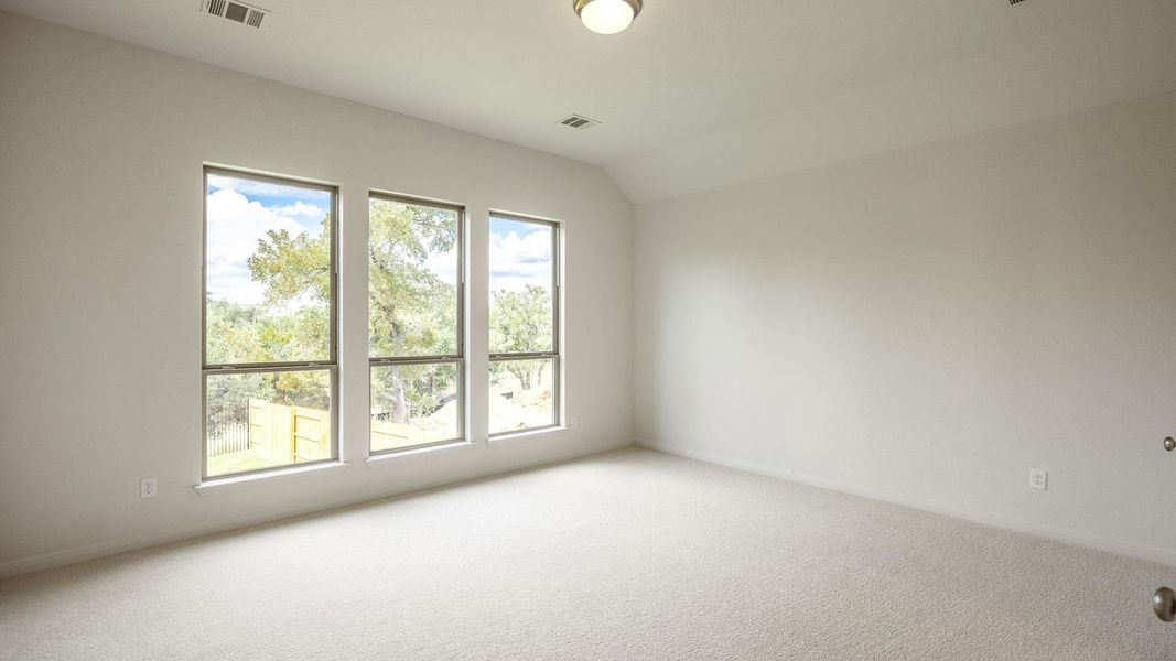 Carpeted empty room with baseboards and lofted ceiling Carpeted empty room with baseboards and lofted ceiling