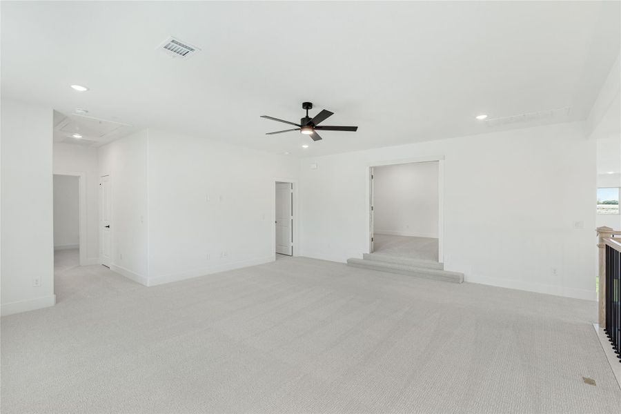 Large empty bonus room with light carpet, ceiling fan, and raised step-up area leading to adjoining room