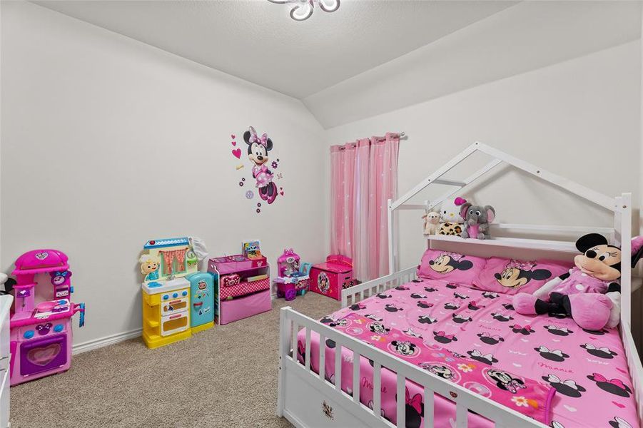Carpeted bedroom with lofted ceiling and baseboards Carpeted bedroom with lofted ceiling and baseboards