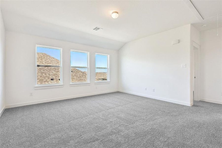 Carpeted spare room featuring attic access and lofted ceiling