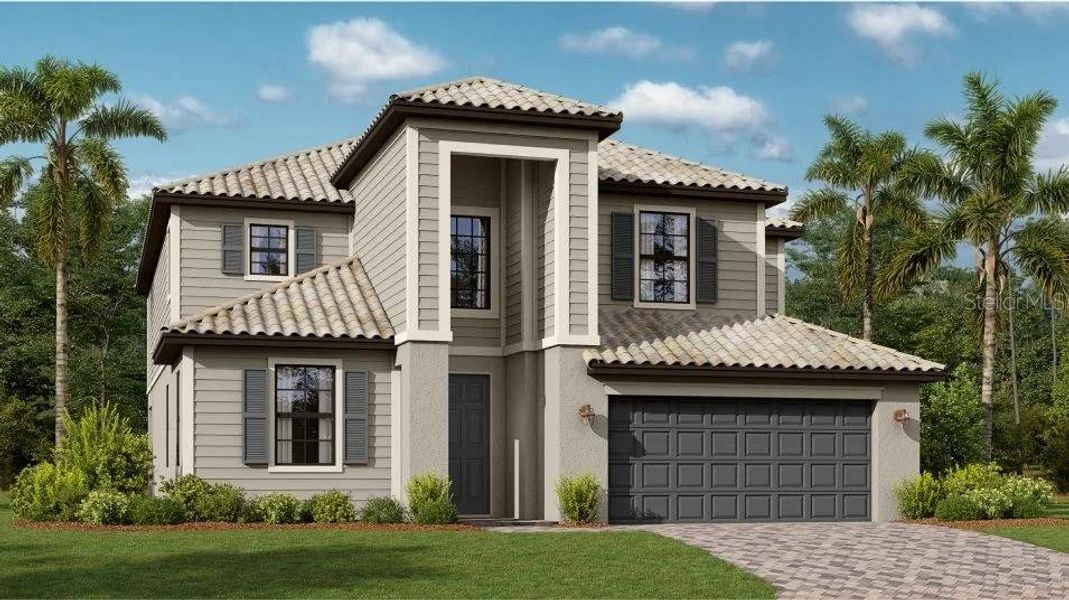 Front exterior of a new home in Lorraine Lakes at Lakewood Ranch: Executive Homes, Lakewood Ranch, FL, highlighting curb appeal (Image 1).