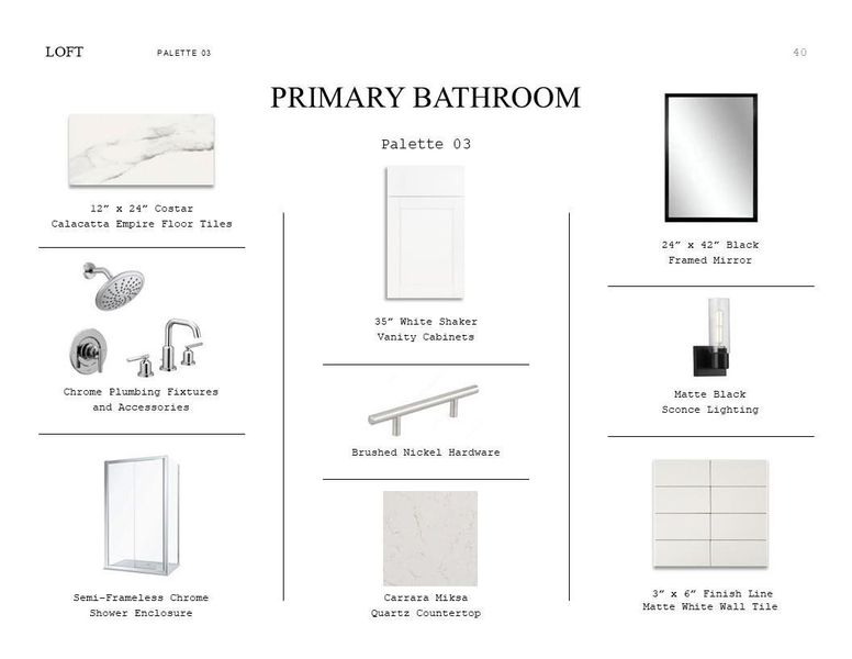 Loft Look Palette 3: Primary Bathroom Selection Sheet (*Artist rendering used for illustration purposes only.)