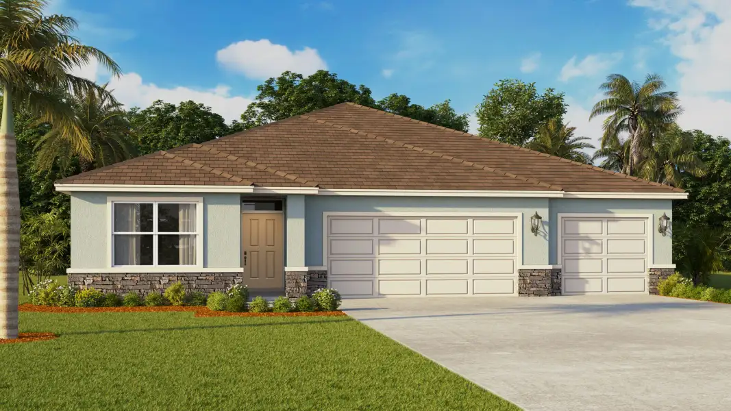 Representative exterior photo of a completed home built from the Denham by D.R. Horton in Estates at Northwoods, St. Cloud, FL (Image 14).