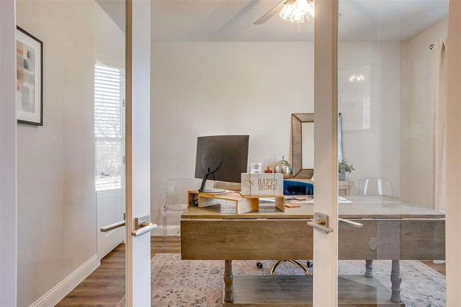 Home office with wood-style flooring, ceiling fan, and a wealth of natural light