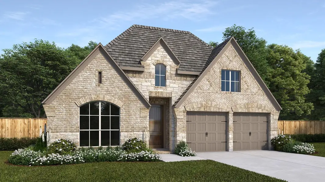 Front exterior of a new home in Evergreen 50', Conroe, TX, highlighting curb appeal (Image 2).