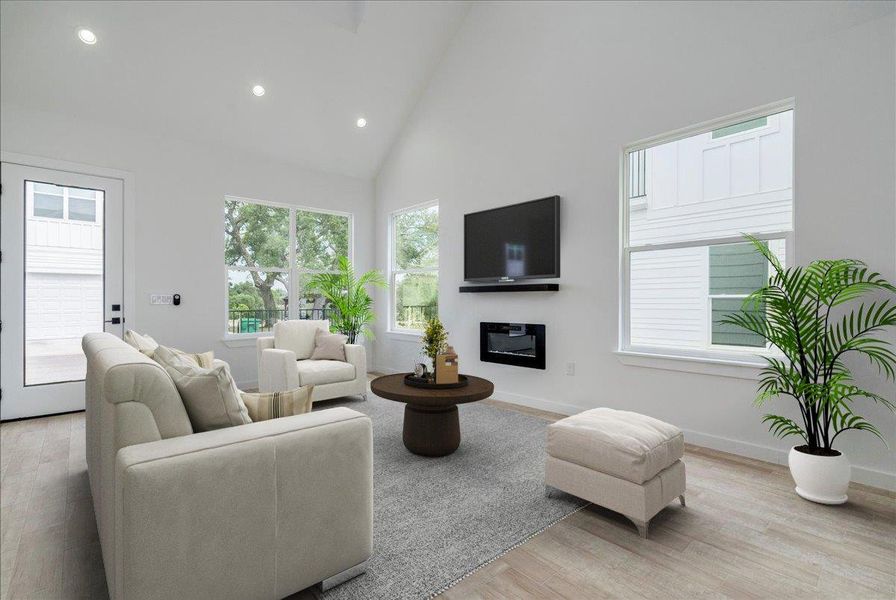 Open living with cathedral ceilings.