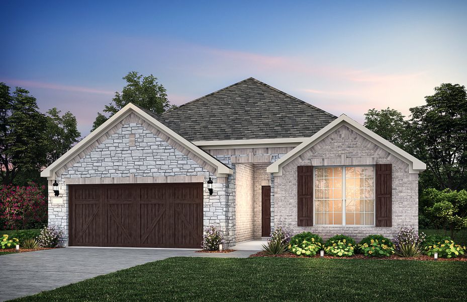 Exterior D of the Mckinney, a one-story home with shutters and stone