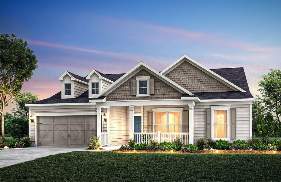 Front exterior of a new home in Reunion, Flowery Branch, GA, highlighting curb appeal (Image 1). Front exterior of a new home in Reunion, Flowery Branch, GA, highlighting curb appeal (Image 1).