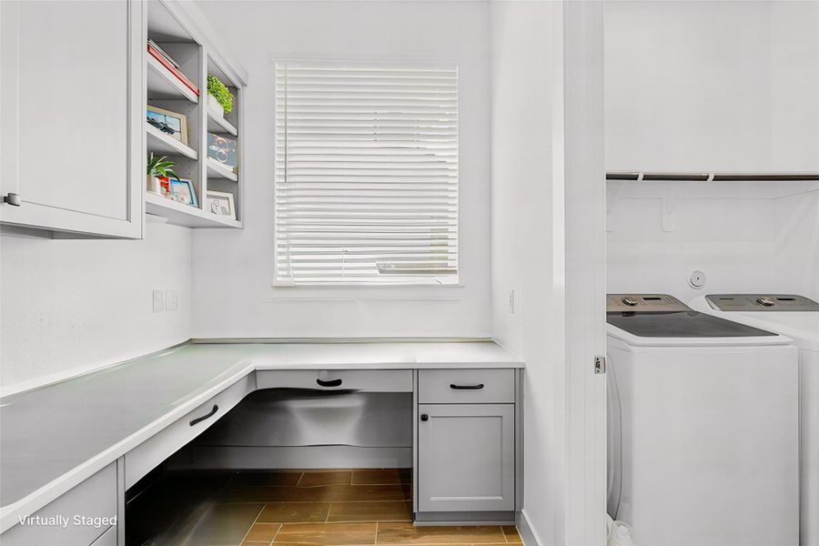 CUSTOM HOME OFFICE NOOK WITH QUARTZ COUNTERTOPS, BUILT-IN CABINETRY, AND OPEN SHELVING—PERFECT FOR REMOTE WORK OR STUDY. CUSTOM HOME OFFICE NOOK WITH QUARTZ COUNTERTOPS, BUILT-IN CABINETRY, AND OPEN SHELVING—PERFECT FOR REMOTE WORK OR STUDY.