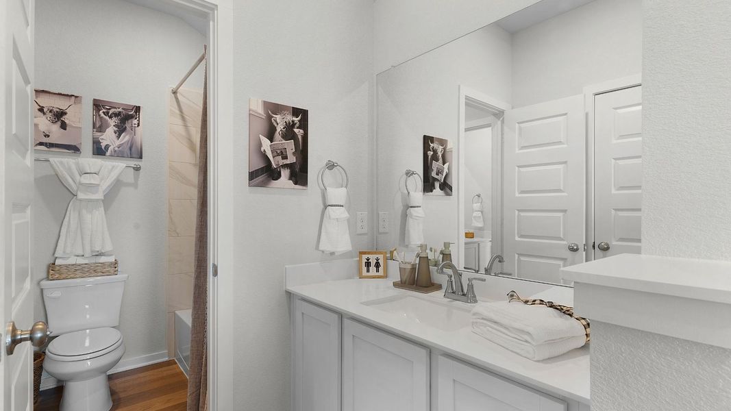 White cabinetry, a bright vanity, and sleek fixtures define this well-appointed bathroom. White cabinetry, a bright vanity, and sleek fixtures define this well-appointed bathroom.