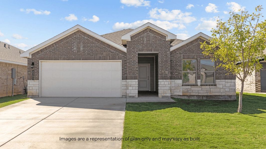 Front exterior of a new home in Allen Farms, Lubbock, TX, highlighting curb appeal (Image 1).