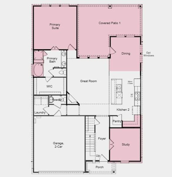 First Floor Plan - dditional Highlights Include: Study in place if formal dining, extended primary suite, covered patio, and dining area, slide-in tub at primary bath, and windows at dining
