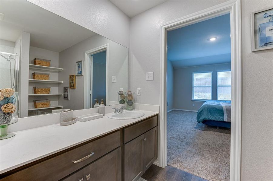 Bathroom featuring vanity and wood-type flooring