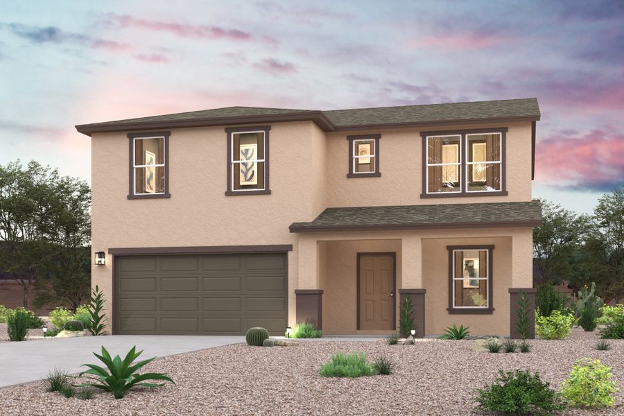 Front exterior of a new home in Coolidge Gateway Manor, Coolidge, AZ, highlighting curb appeal (Image 1). Front exterior of a new home in Coolidge Gateway Manor, Coolidge, AZ, highlighting curb appeal (Image 1).