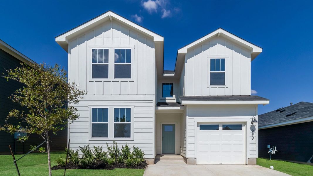 Representative exterior photo of a completed home built from the The Ivory by D.R. Horton in Marigold, Kyle, TX (Image 1). Representative exterior photo of a completed home built from the The Ivory by D.R. Horton in Marigold, Kyle, TX (Image 1).