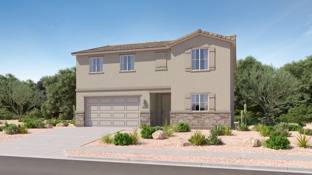 Front exterior of a new home in Santa Rita Ranch: Santa Rita Ranch III, Vail, AZ, highlighting curb appeal (Image 1).