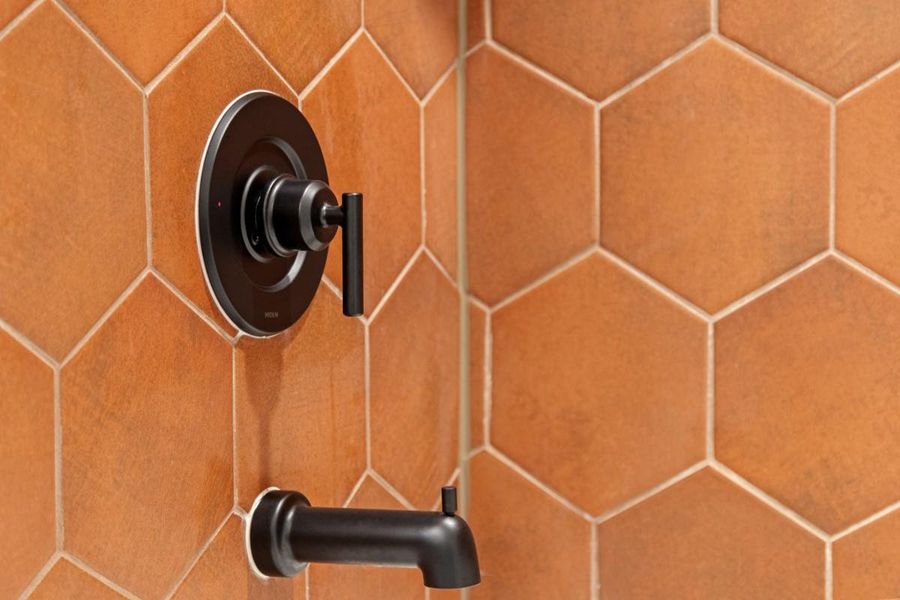 The Daltile Moroccan Hexagon tile in Terra Cotta surrounds the secondary bath/shower combo.