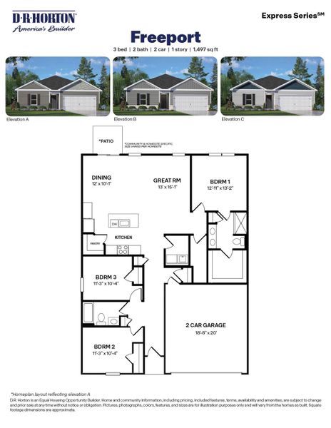 2D floor plan layout for the Freeport by D.R. Horton in Wilson's Ridge, Wilson's Mills, NC (Image 3).