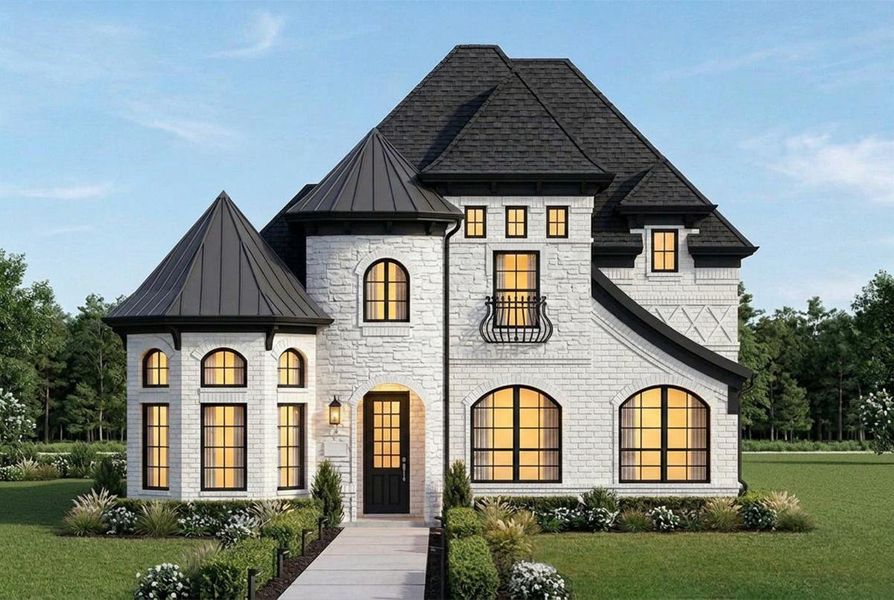 Representative exterior photo of a completed home built from the Royal Alexandria by Grand Homes in Edgewater, Fate, TX (Image 2). Representative exterior photo of a completed home built from the Royal Alexandria by Grand Homes in Edgewater, Fate, TX (Image 2).