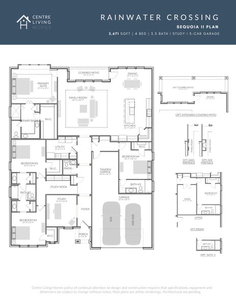 2D floor plan layout for the Sequoia II by Centre Living Homes in Rainwater Crossing, Celina, TX (Image 3).