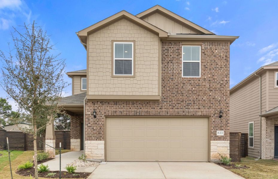 Front exterior of a new home in Horizon Lake, Leander, TX, highlighting curb appeal (Image 21).