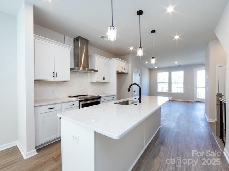 Quartz Countertops and Designer Pendant Lighting.