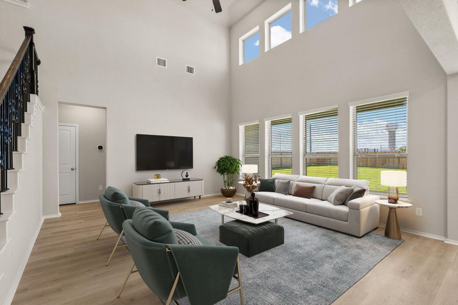 Family Room with soaring ceiling - Virtually Staged