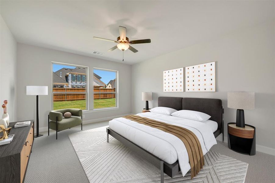 Spacious room featuring light gray walls and a textured gray carpet