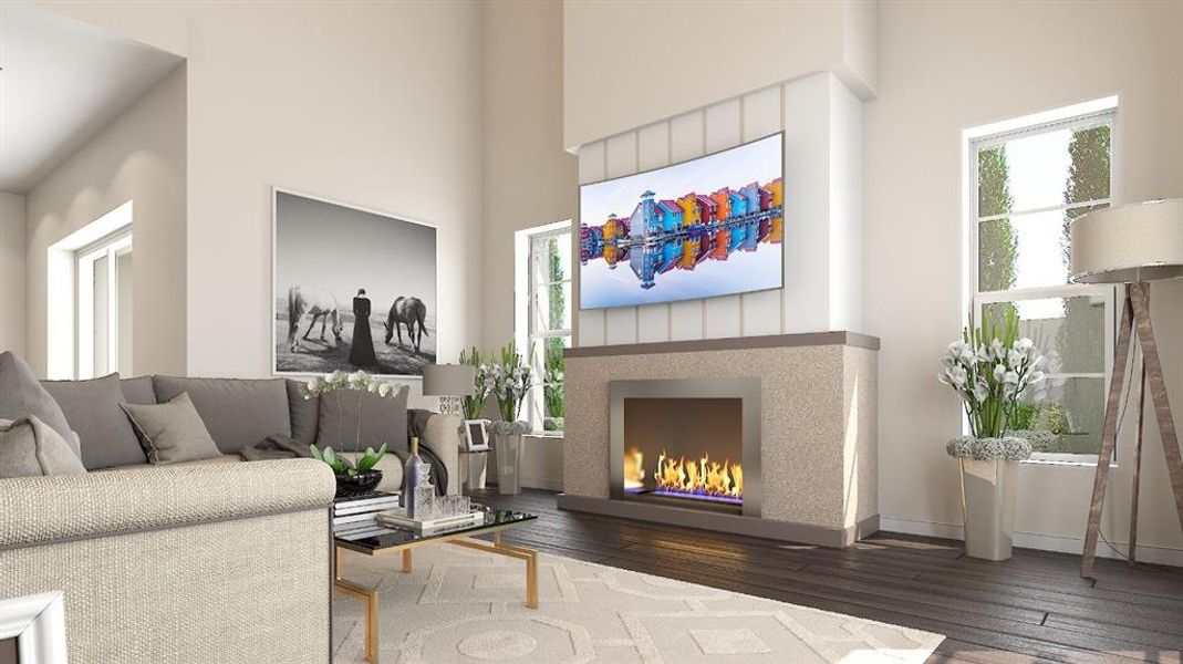 Living room with dark hardwood / wood-style flooring and a high ceiling