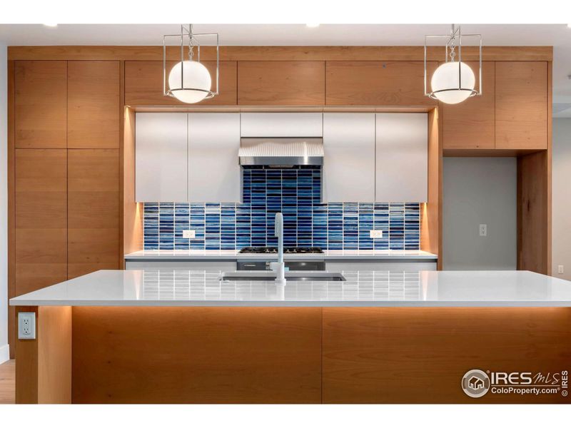 A light and bright kitchen with modern cabinetry, appliances and lighting.