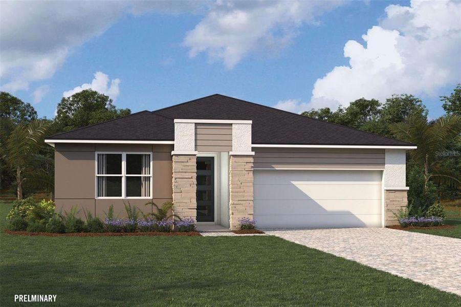 Front exterior of a new home in Crosswind Ranch, Parrish, FL, highlighting curb appeal (Image 1).