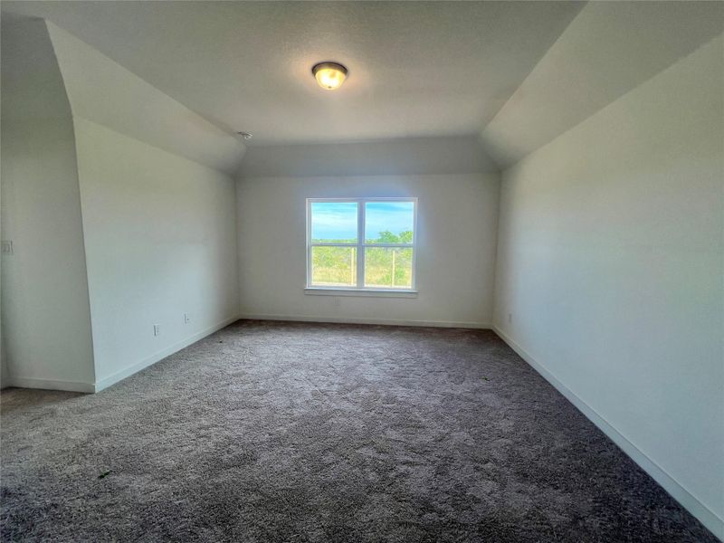 Unfurnished room featuring carpet floors and vaulted ceiling Unfurnished room featuring carpet floors and vaulted ceiling