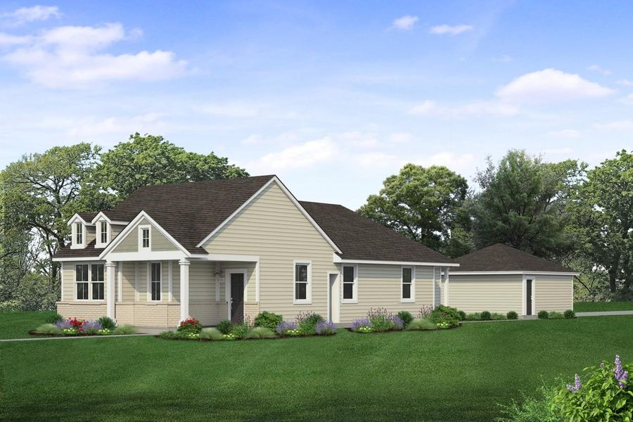 Rendering of one story yellow and green home with black door and light painted brick with detached garage with sky and landscaping Rendering of one story yellow and green home with black door and light painted brick with detached garage with sky and landscaping