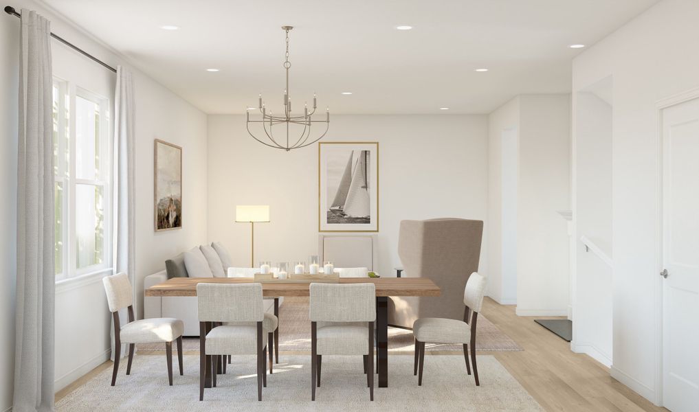 Dining area with chandelier adjacent to kitchen