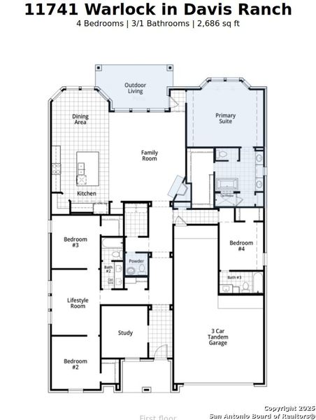 2D floor plan layout of this home in Davis Ranch: 60ft. lots, San Antonio, TX (Image 2).