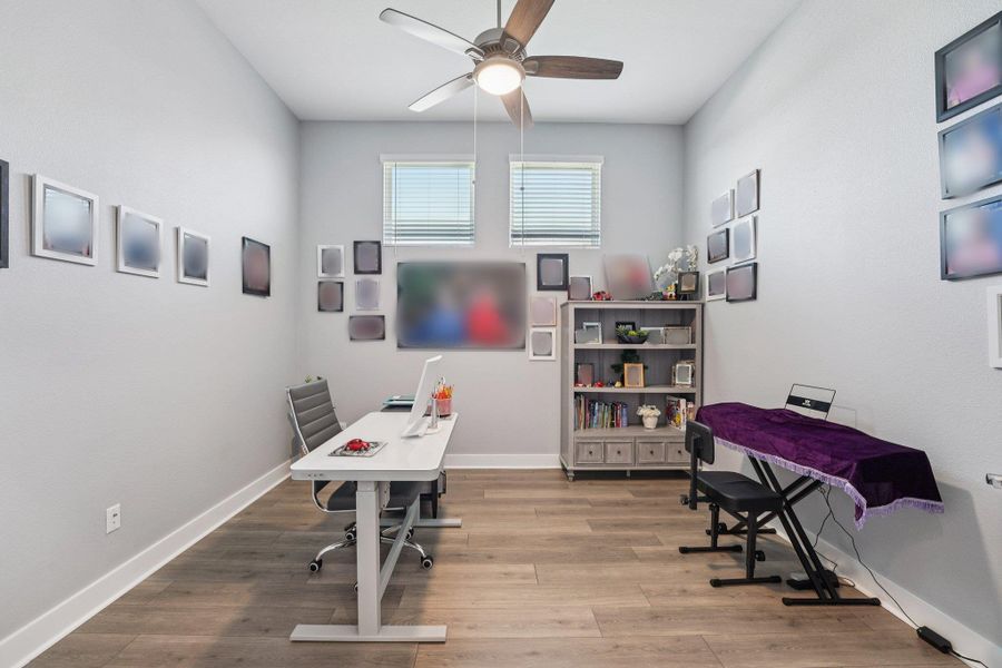 The dedicated office offers a quiet, light-filled space ideal for working from home or creative pursuits.