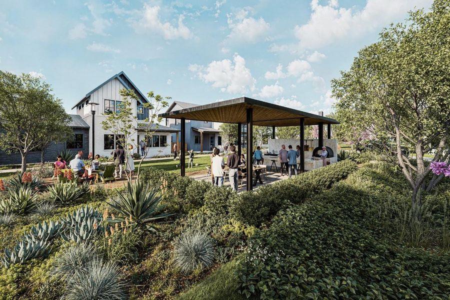 Indigo covered canopy offers a shaded, comfortable spot to relax and enjoy the communities outdoor surroundings.