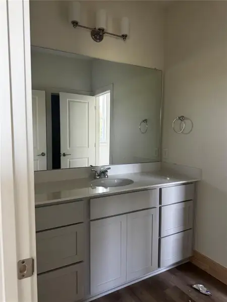 Bathroom featuring vanity and dark wood-style flooring Bathroom featuring vanity and dark wood-style flooring