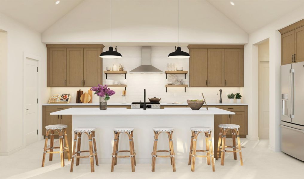Gourmet island kitchen with light stain cabinets and quartz counters (*Artist rendering used for illustration purposes only.)