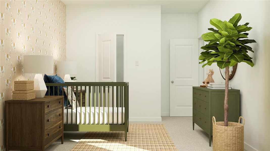 Carpeted bedroom featuring a nursery area and wallpapered walls