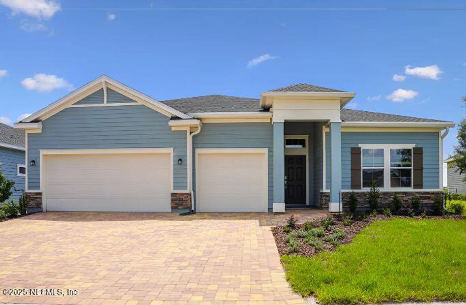 Front exterior of a new home in Silver Falls Single Family at SilverLeaf: Silver Falls 60s at SilverLeaf, St. Augustine, FL, highlighting curb appeal (Image 18). Front exterior of a new home in Silver Falls Single Family at SilverLeaf: Silver Falls 60s at SilverLeaf, St. Augustine, FL, highlighting curb appeal (Image 18).