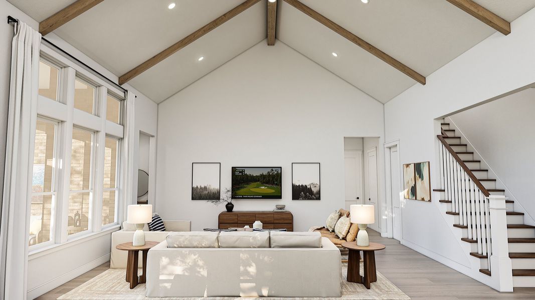Great Room with Stained Ceiling Beams