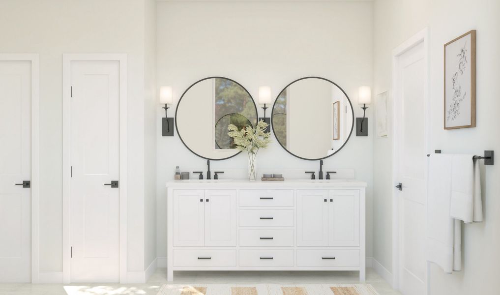 Primary bath with dual sinks and matte black fixtures throughout