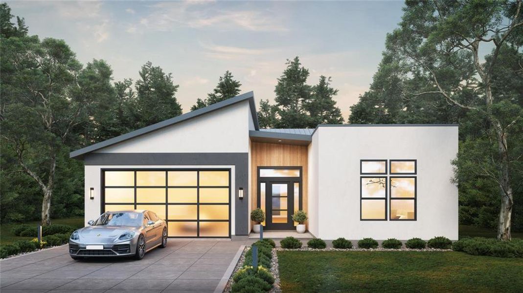 Contemporary home featuring concrete driveway, a front yard, a garage, and stucco siding Contemporary home featuring concrete driveway, a front yard, a garage, and stucco siding