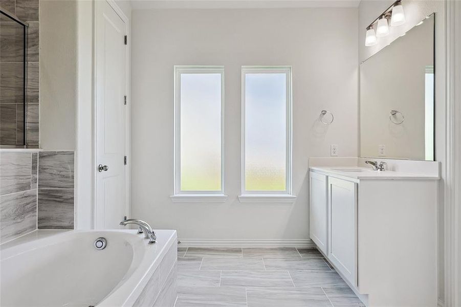 Bathroom with vanity and separate shower and tub